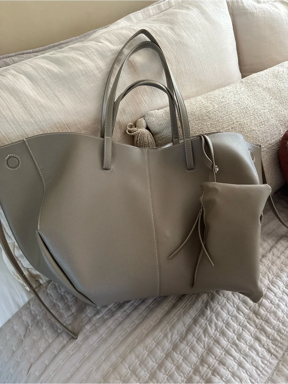 Minimalist Taupe Tote with Detachable Pouch - Picture 2 of 14
